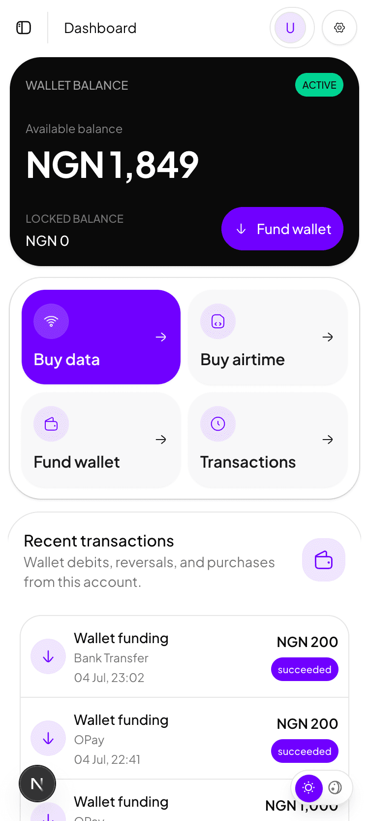 Billi dashboard showing wallet balance, quick actions, and recent transactions